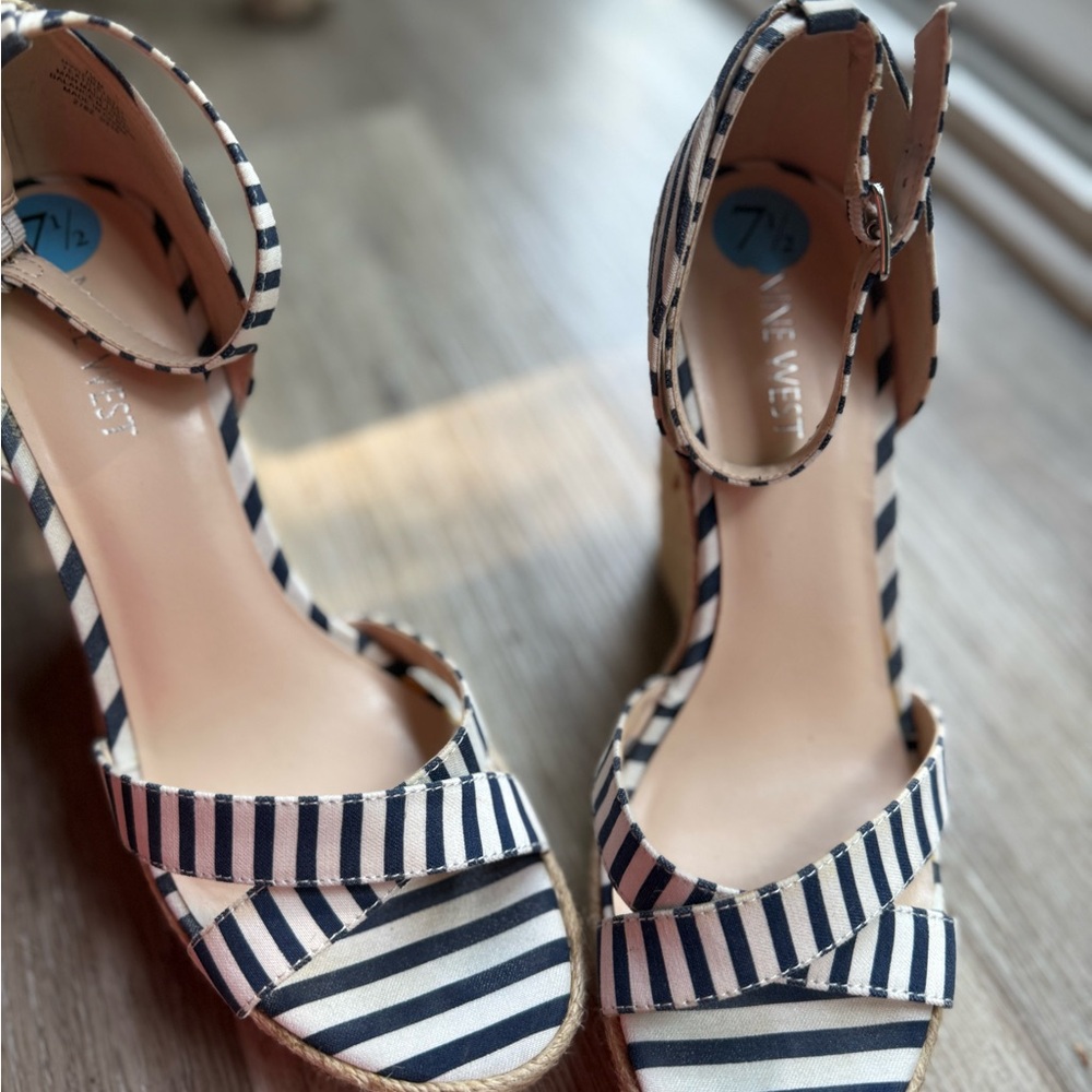 Nine West Blue and White Striped Wedges
